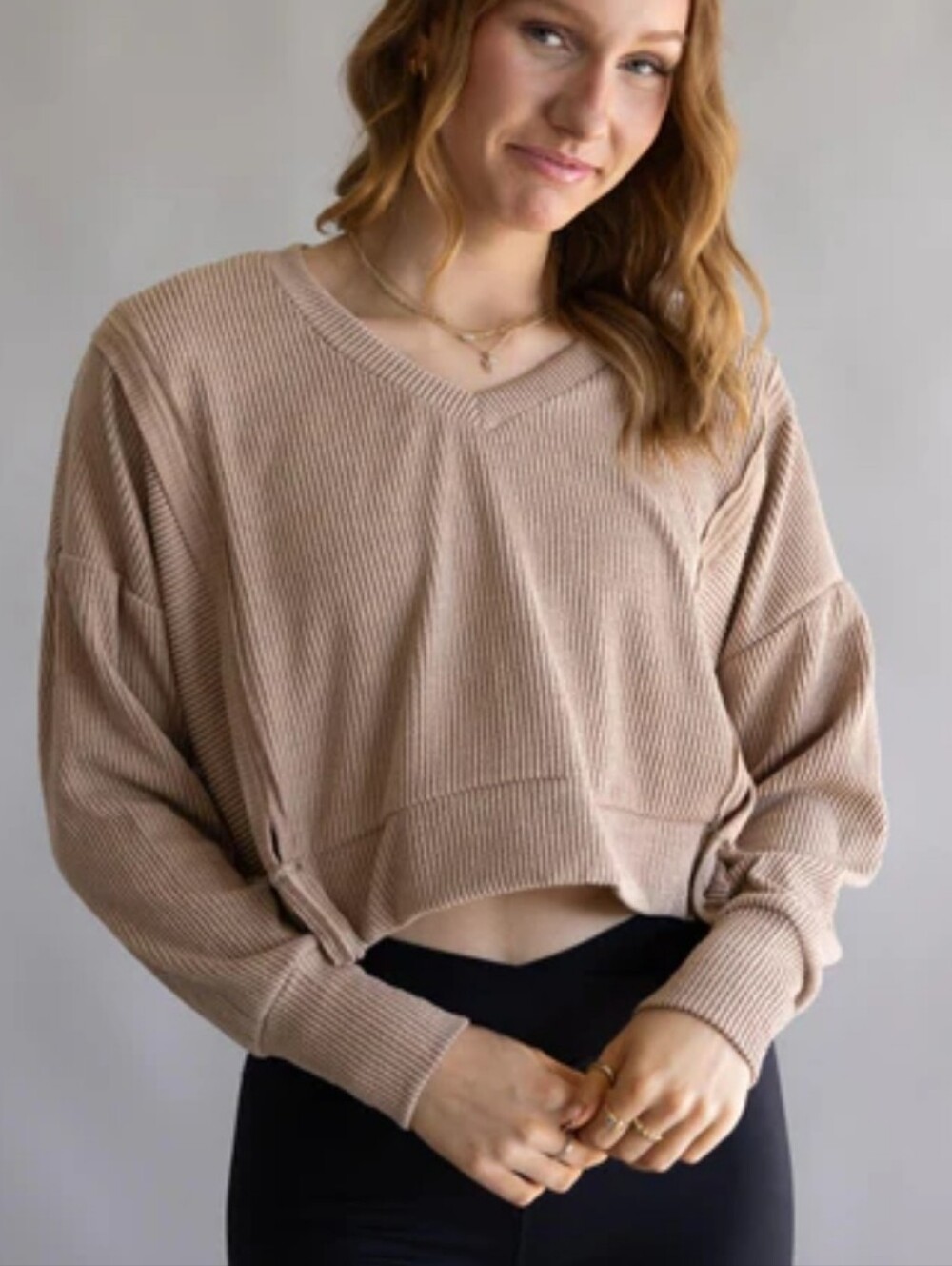 NWT Simply Southern Ribbed Knit V-Neck Cropped Longsleeve in Light Taupe